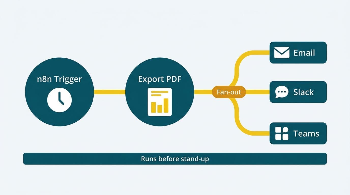 n8n workflow node fanning out an exported PDF to Email, Slack, and Teams destinations