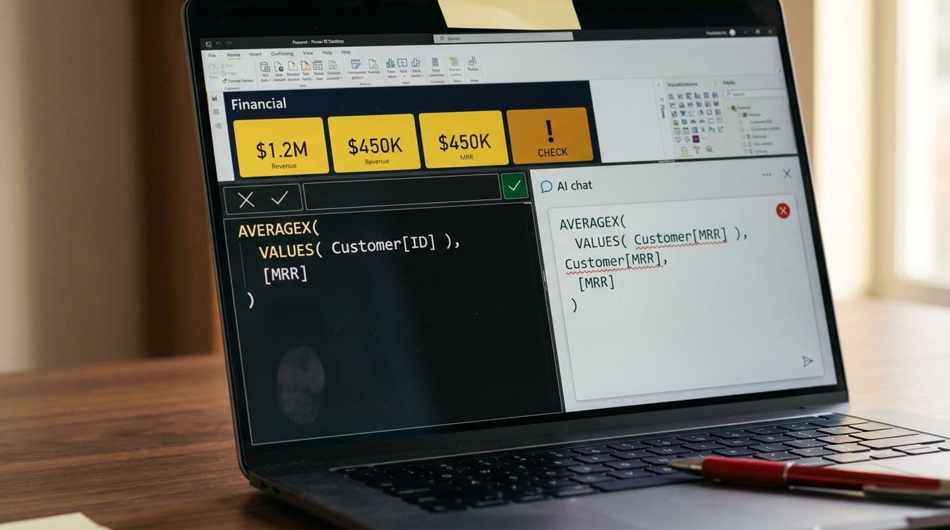 A data analyst at a desk studying two versions of a DAX formula on paper side by side — one with a green checkmark and one with a red X showing the context transition difference — next to a laptop showing Power BI