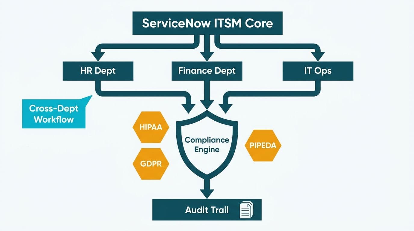 ServiceNow cross-department ITSM workflow feeding into a compliance engine with HIPAA GDPR PIPEDA badges