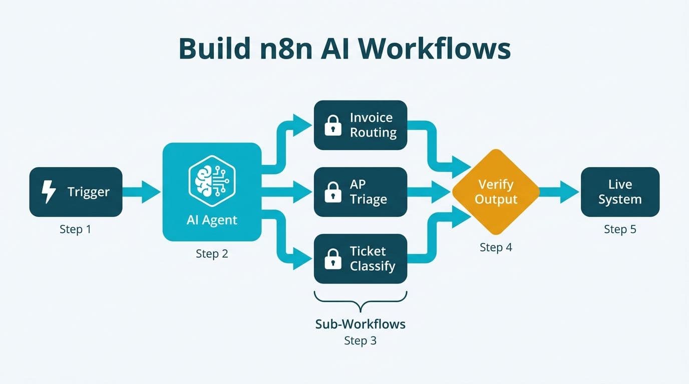 n8n workflow pipeline: trigger node feeds AI agent, branches into three sub-workflows, passes verification gate to live system