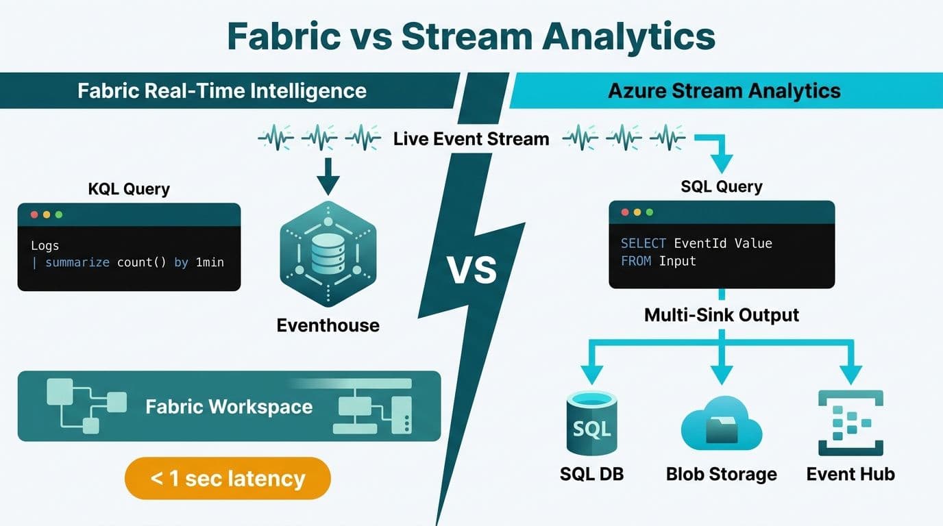 Split-lane diagram comparing KQL Fabric Real-Time Intelligence and SQL-based Stream Analytics pipelines