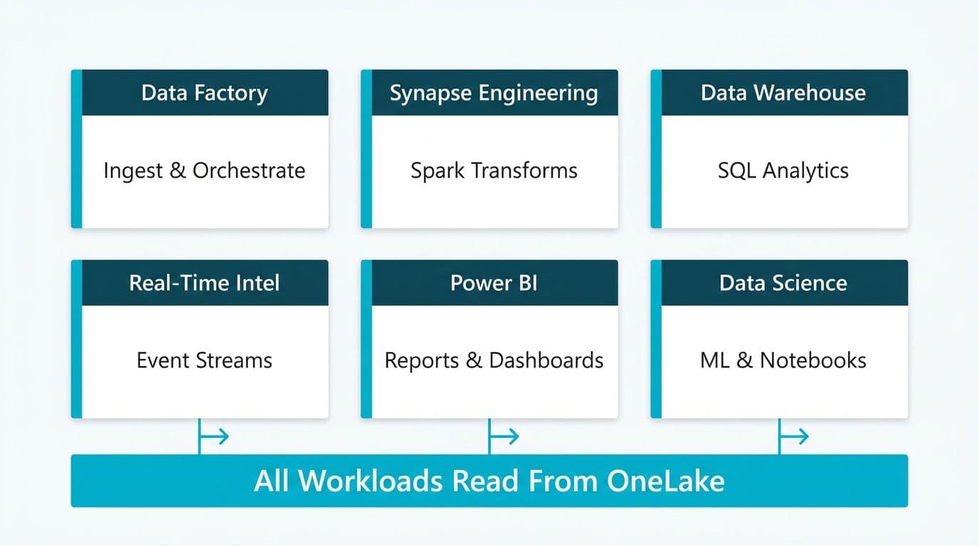 Six-card grid showing each Microsoft Fabric workload name and its core function