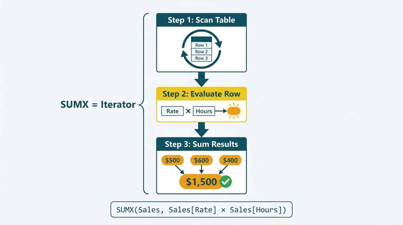 Three-step flow diagram showing SUMX scanning a table, evaluating each row expression, then summing results
