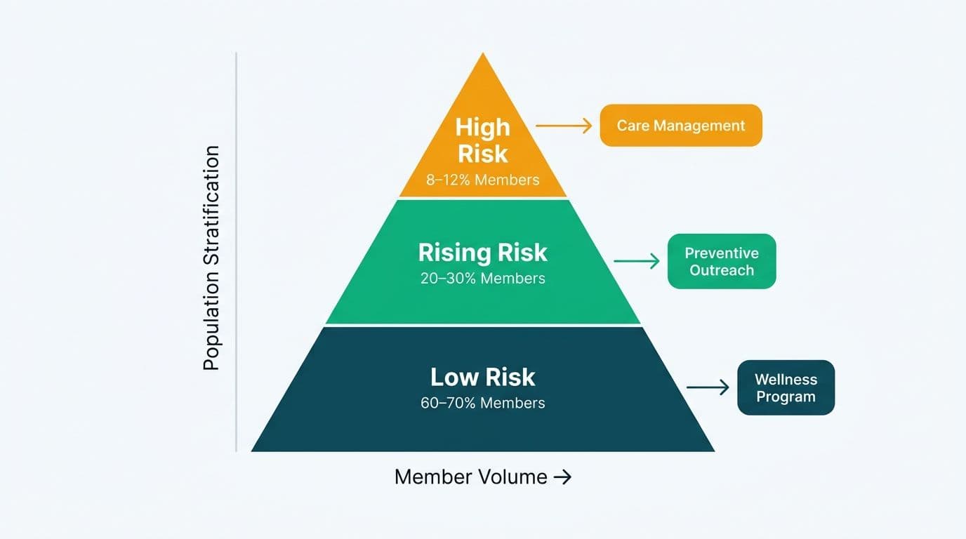Population pyramid with high, rising, and low risk tiers linked by arrows to targeted care intervention programs