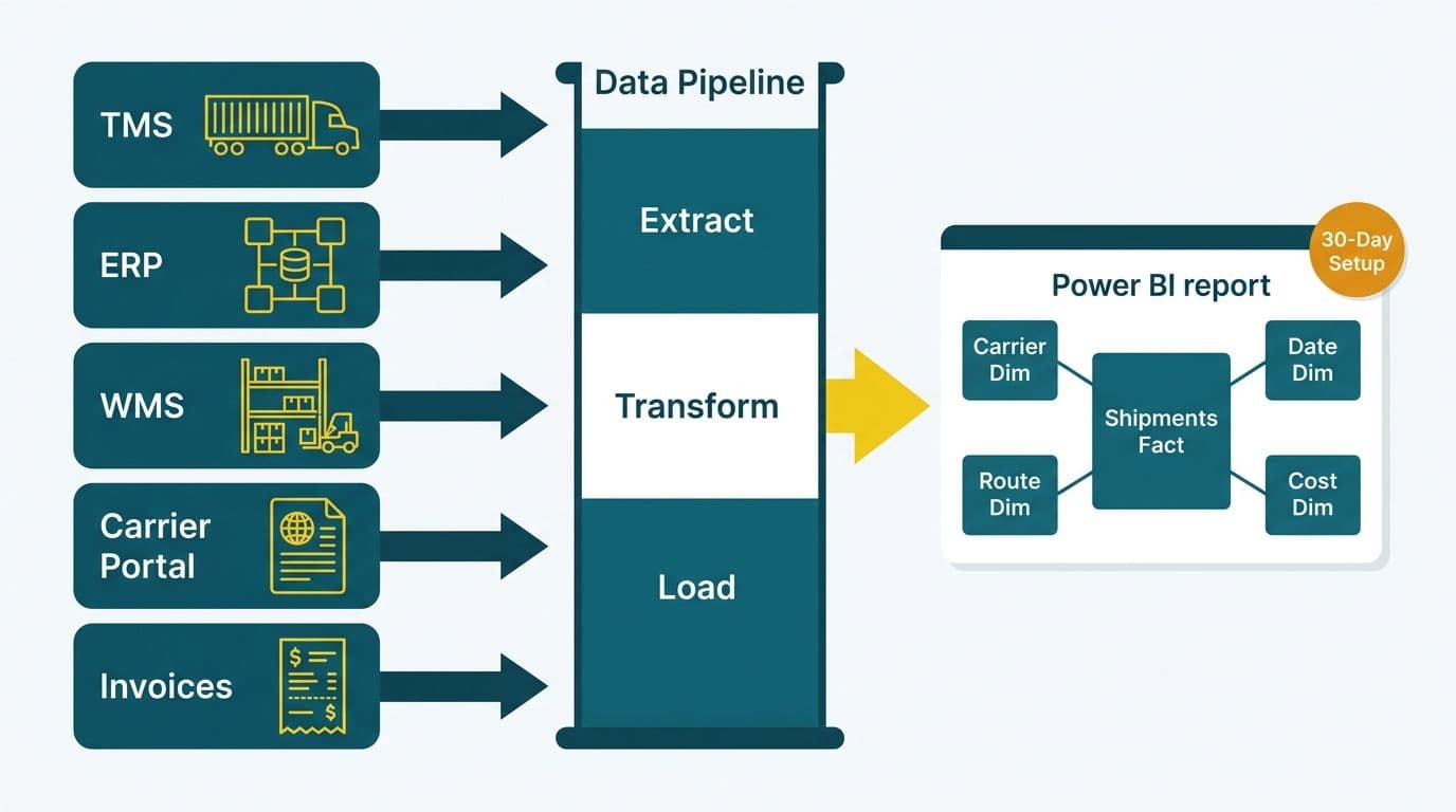 Five logistics source systems connected through an extract-transform-load pipeline into a Power BI star-schema data model
