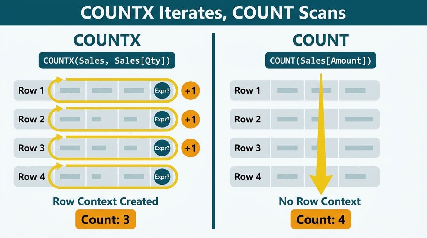Split diagram contrasting COUNTX row-by-row looping arrows against COUNT single-column downward scan