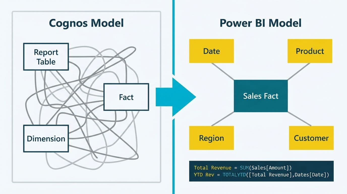 Side-by-side comparison of a tangled Cognos entity model versus a clean Power BI star schema with two DAX measure examples