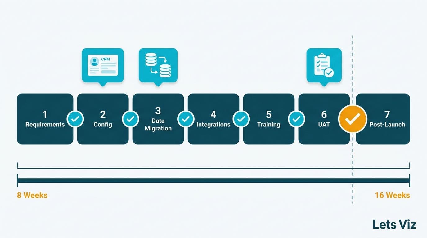 Seven-phase Zoho CRM implementation pipeline with sign-off gates and 8-16 week timeline bar