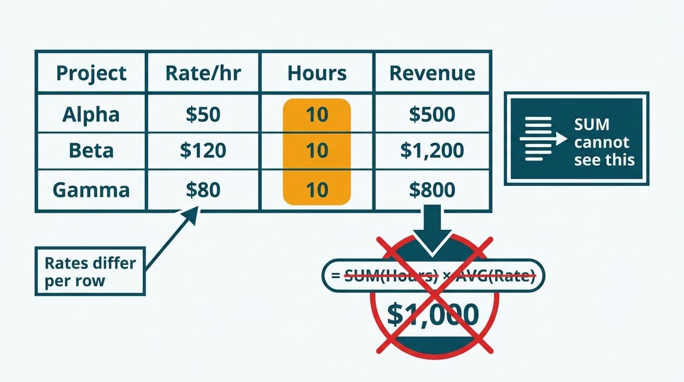 Data table with varying hourly rates per row showing why SUM produces a wrong revenue total