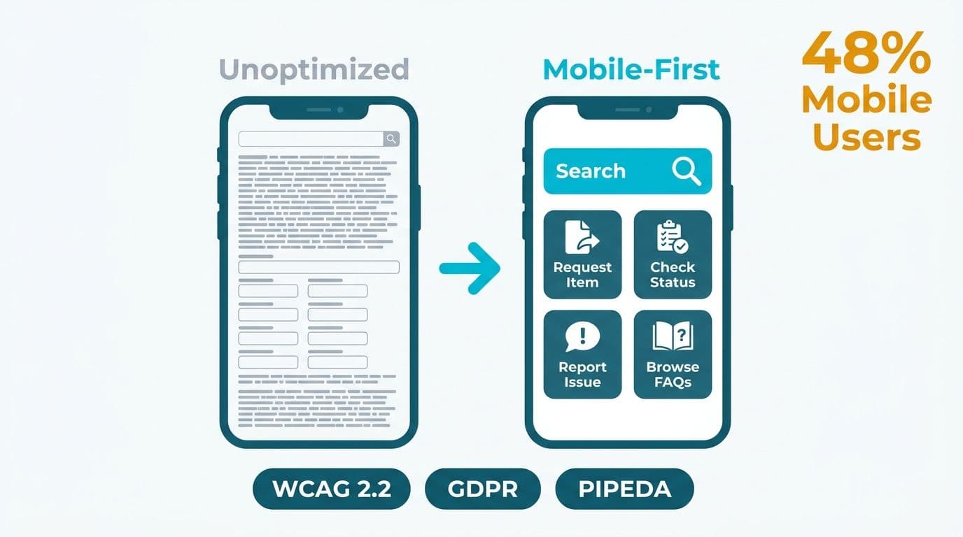 Two mobile phone screens comparing cluttered unoptimized portal versus a clean mobile-first ServiceNow portal with compliance badges
