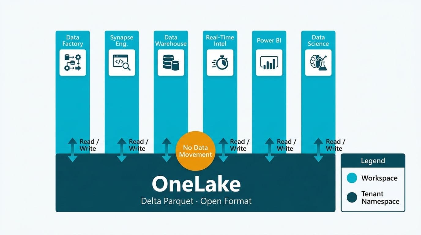 Cross-section diagram of OneLake foundation layer supporting six Fabric workload pillars