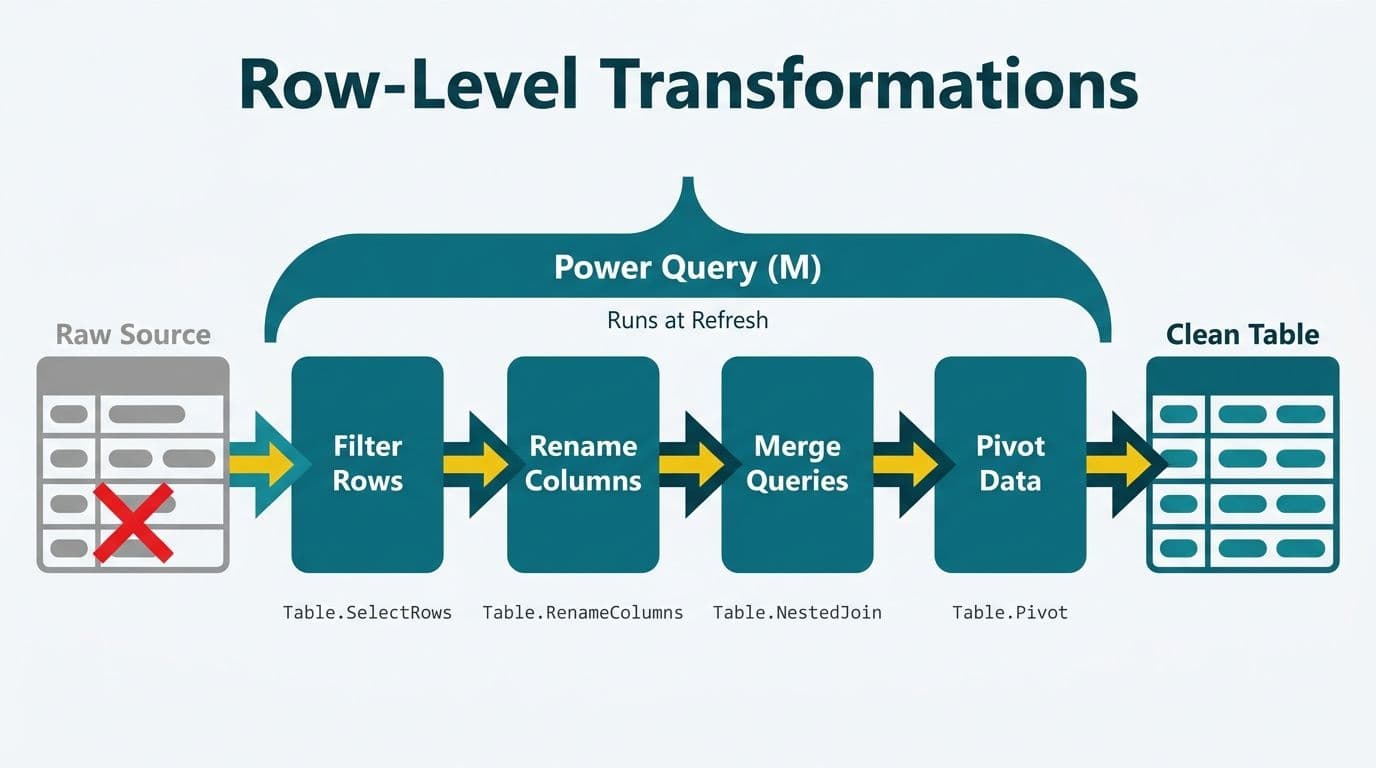 Four-step Power Query M pipeline transforming a raw source table with invalid rows into a clean output table