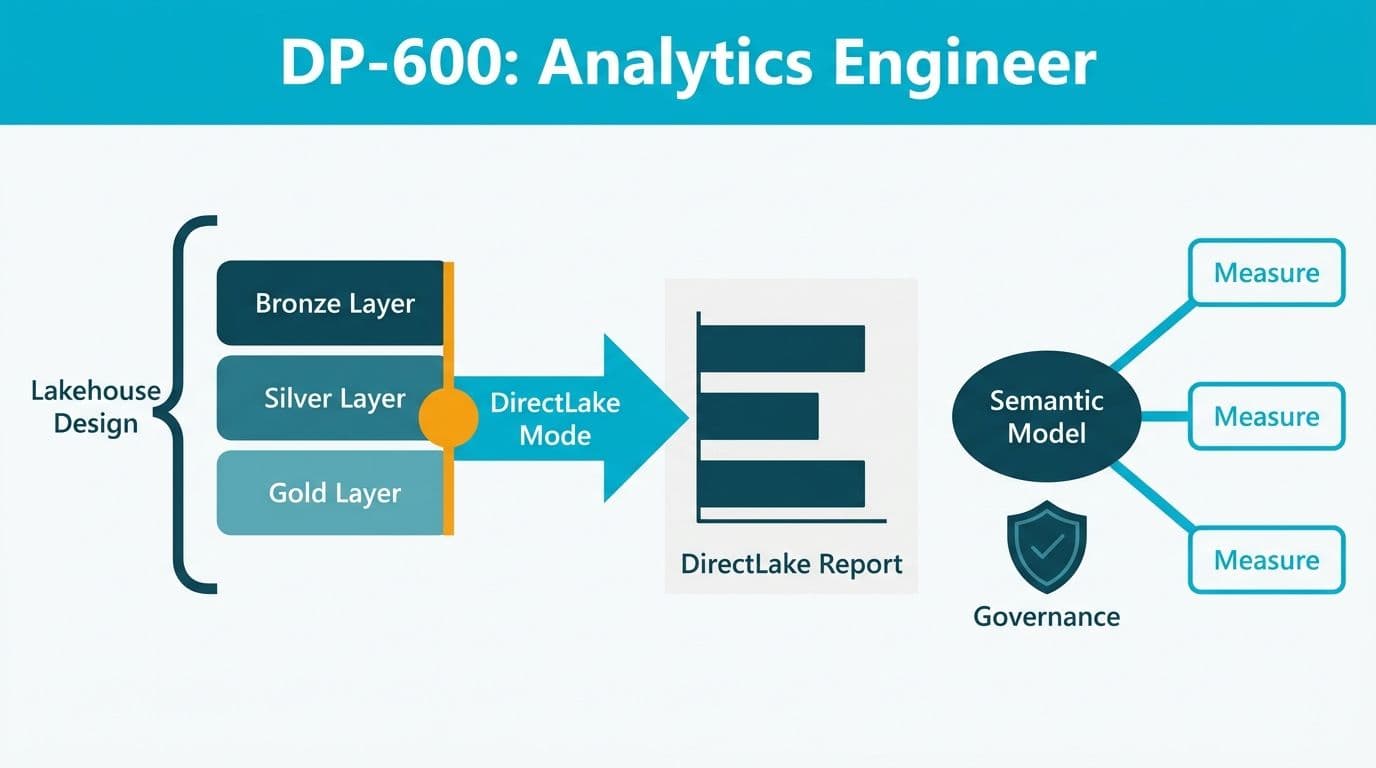 DP-600 skills diagram: medallion Lakehouse layers feeding a DirectLake report with a semantic model and governance badge