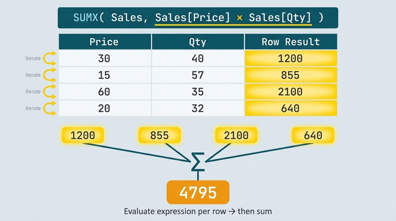DAX SUMX iterating four table rows evaluating Price times Qty before summing results