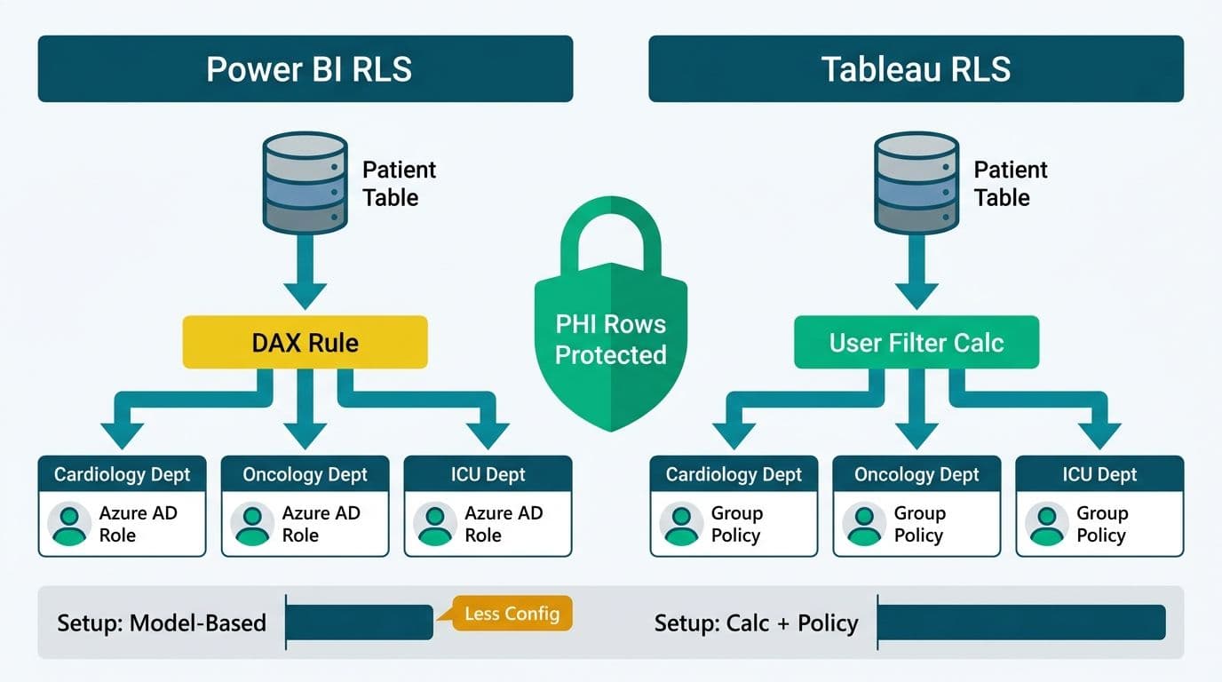 Data flow diagram showing row-level security filtering patient records in Power BI via DAX rules versus Tableau user filter calculations