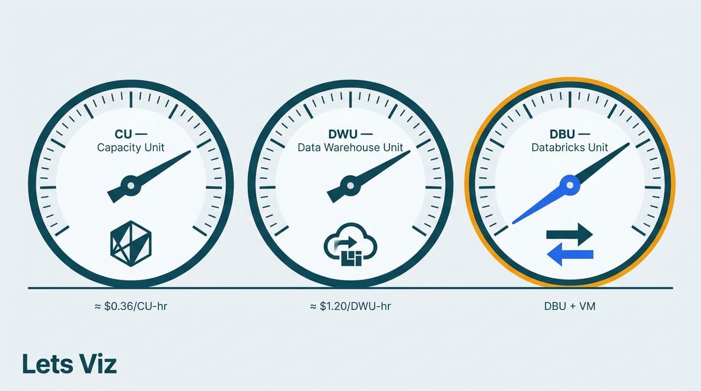 Three billing-unit gauges for CU, DWU, and DBU with per-hour rate labels beneath each