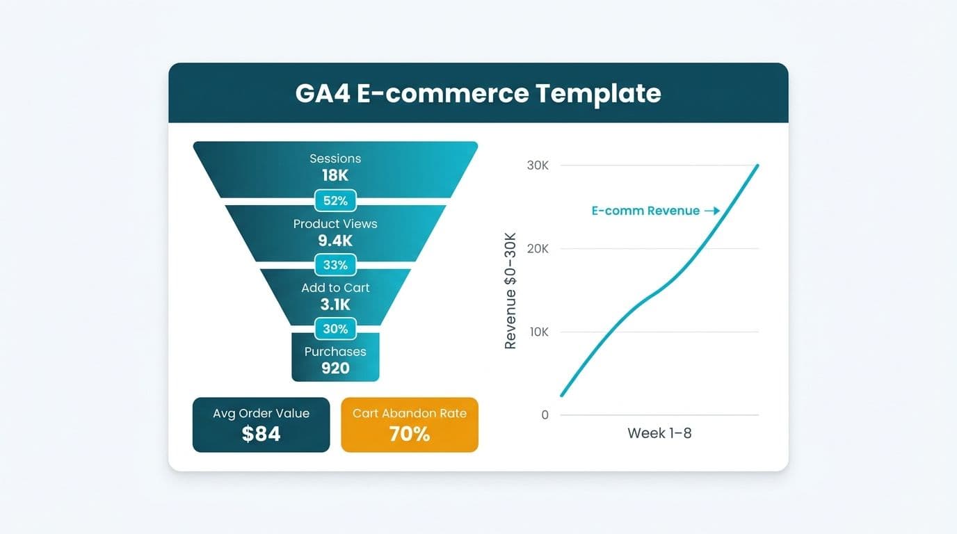 GA4 e-commerce funnel from sessions through purchases alongside a weekly revenue line chart