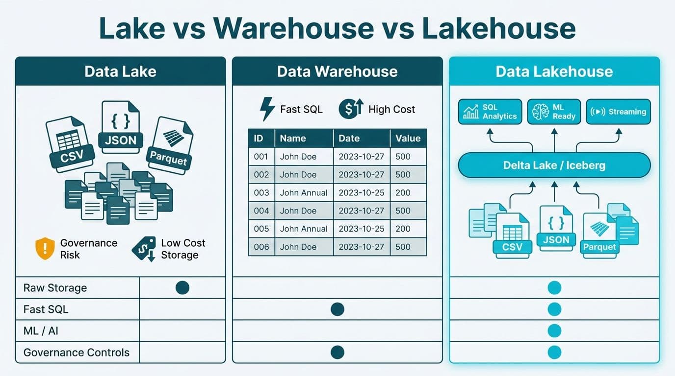 Data Lakehouse vs Data Lake vs Data Warehouse Explained