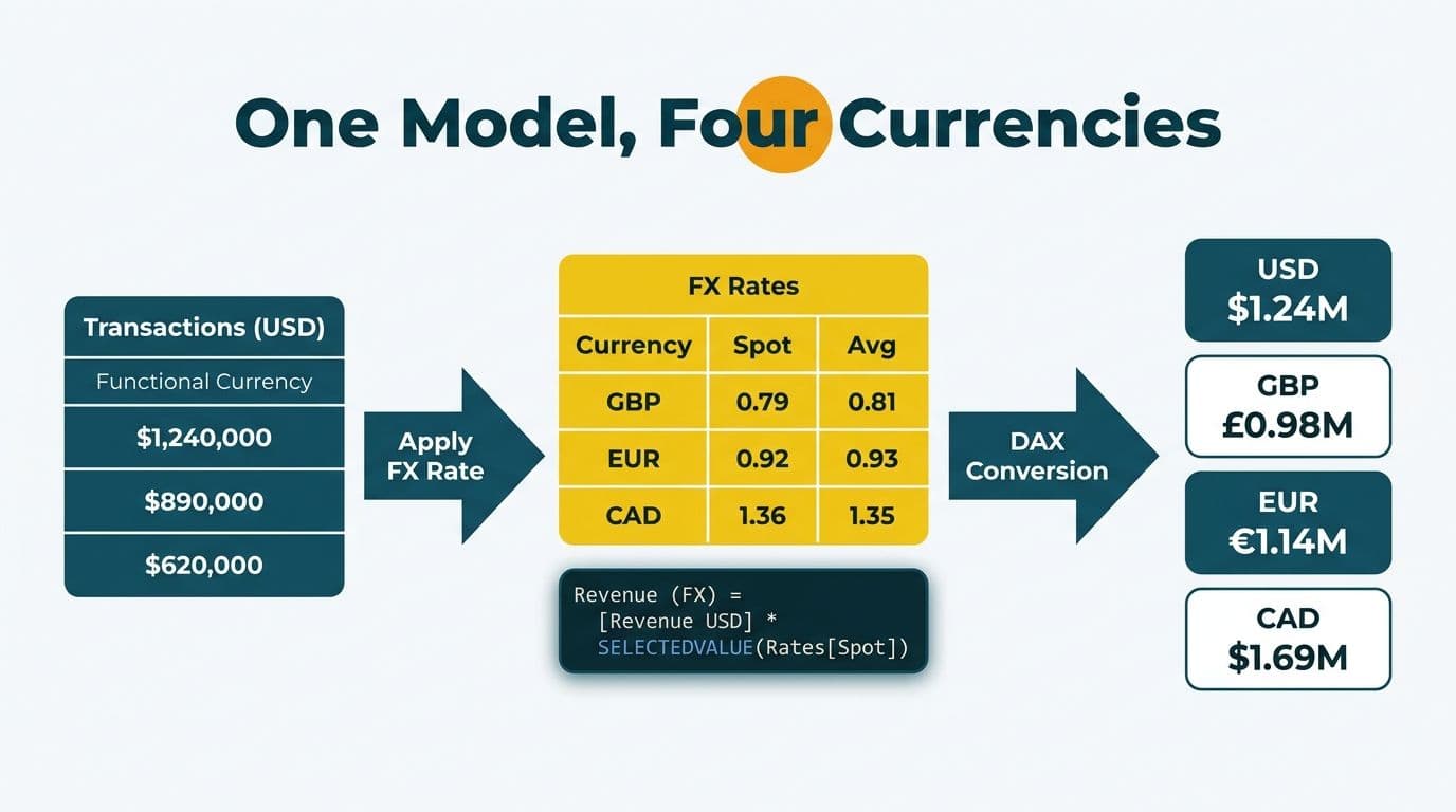 Three-stage pipeline converting USD transactions through an FX rate table into four currency outputs via DAX
