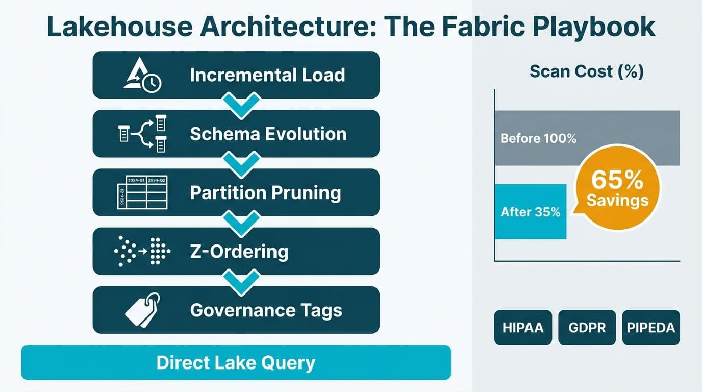 Five-tier data lakehouse stack diagram showing partition pruning, Z-ordering, schema evolution, governance tags, and Direct Lake output