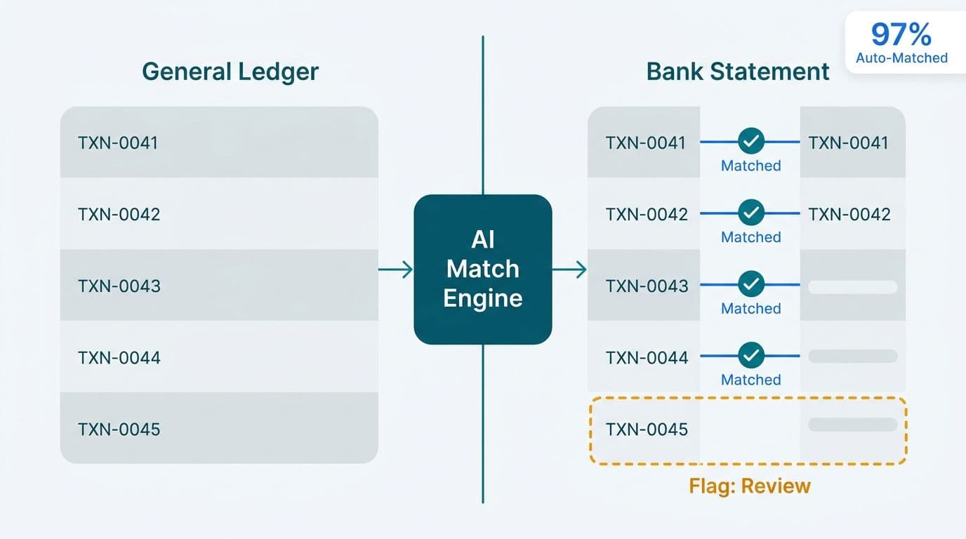 AI matching engine pairing general ledger rows with bank statement entries, one exception flagged in amber