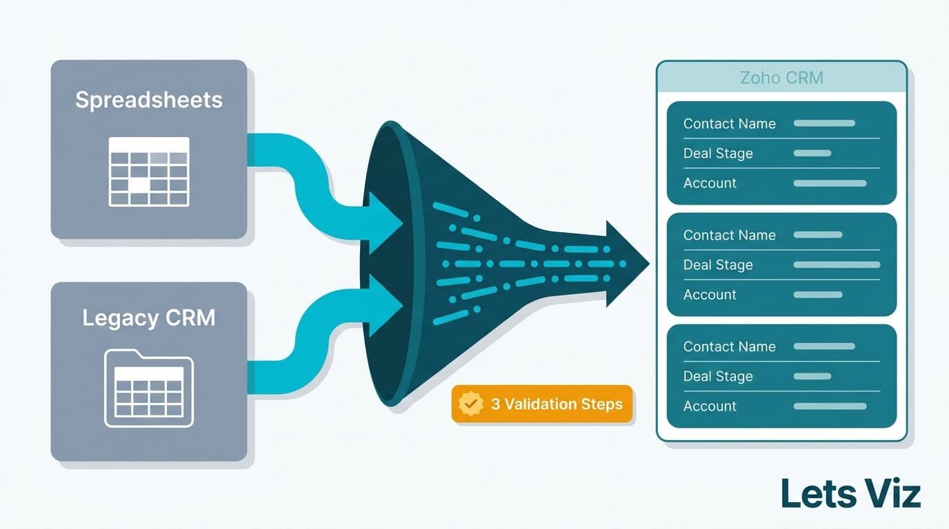 Source spreadsheets and legacy CRM funnelling validated records into Zoho CRM contact list