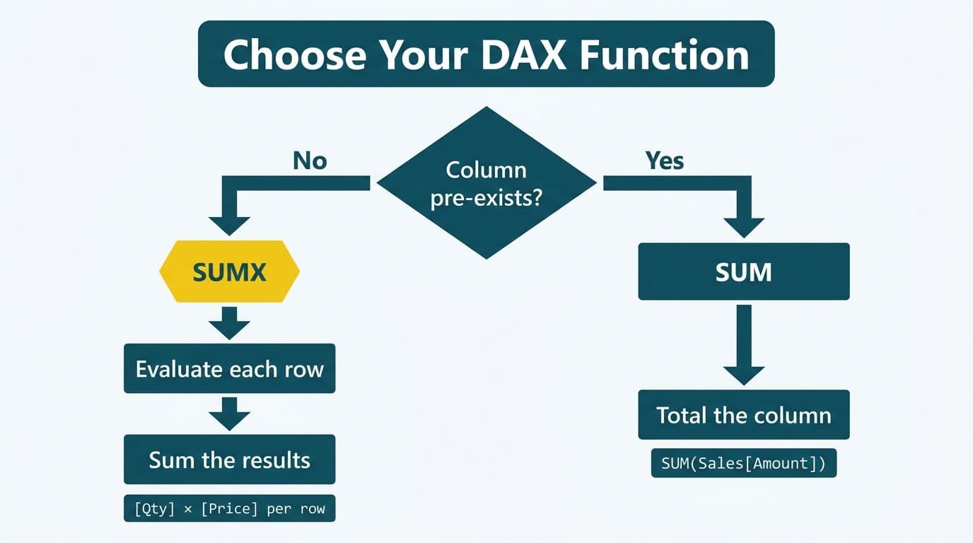 Decision flowchart branching from 'column pre-exists?' to SUMX row-evaluation path versus SUM direct-total path