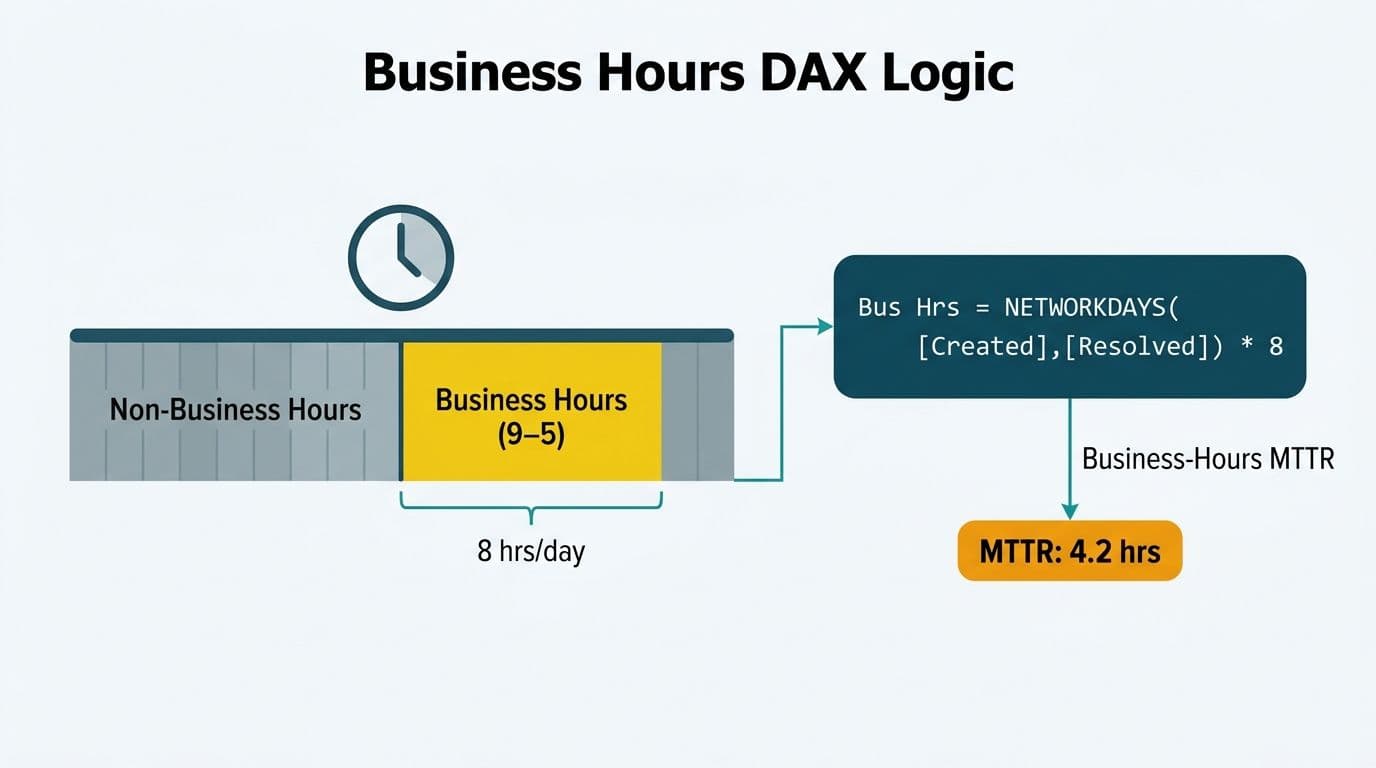 Timeline distinguishing business hours from calendar hours feeding into a DAX MTTR measure card