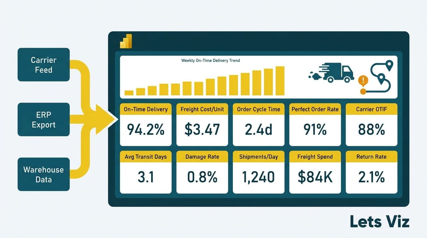 Power BI dashboard panel showing ten logistics KPI cards fed by carrier, ERP, and warehouse sources