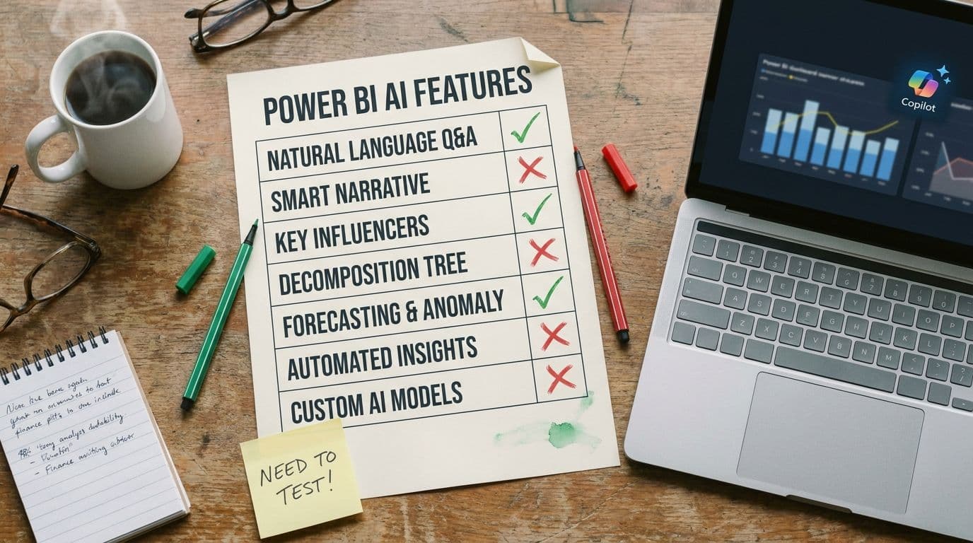 A printed checklist titled POWER BI AI FEATURES with seven rows, three green checkmarks and four red X marks drawn in ink next to a laptop showing a Power BI dashboard with a Copilot badge