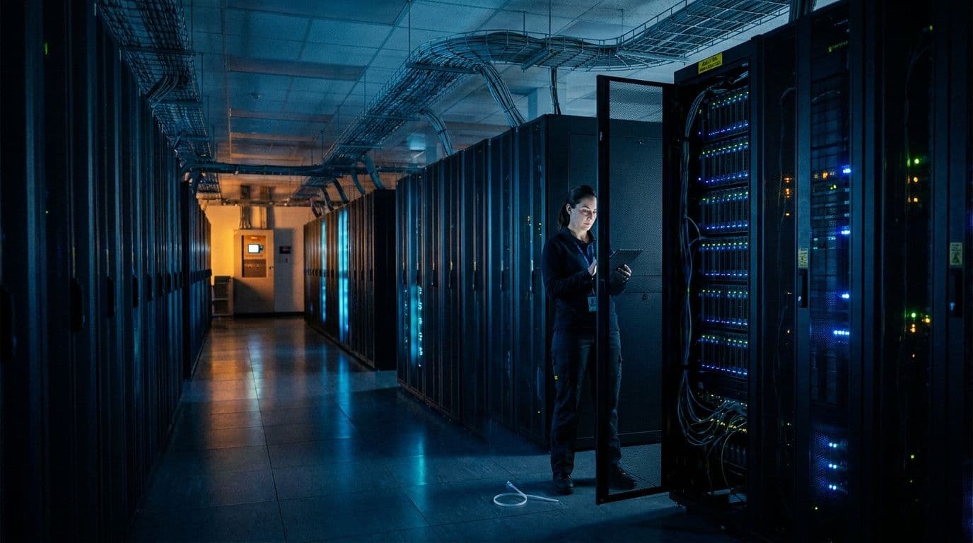 A data center server room at night with rows of illuminated server racks casting blue light, a lone technician in the background reviewing a tablet, documentary photograph style
