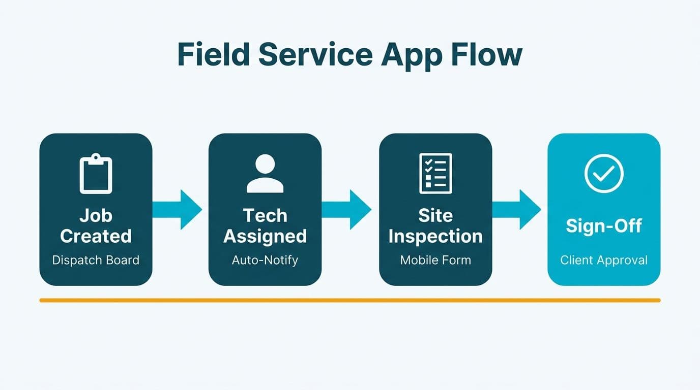 Four-step field service workflow connecting job creation, tech assignment, mobile inspection, and client sign-off
