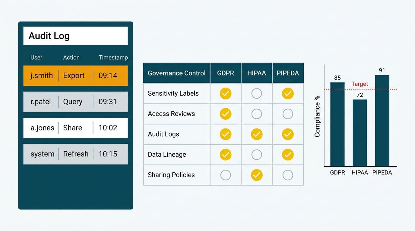 Audit log entries mapped against a GDPR, HIPAA, and PIPEDA compliance matrix with a compliance percentage bar chart
