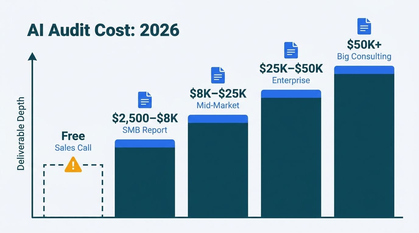 Ascending staircase bar chart showing five AI audit cost tiers from free sales call to $50K enterprise