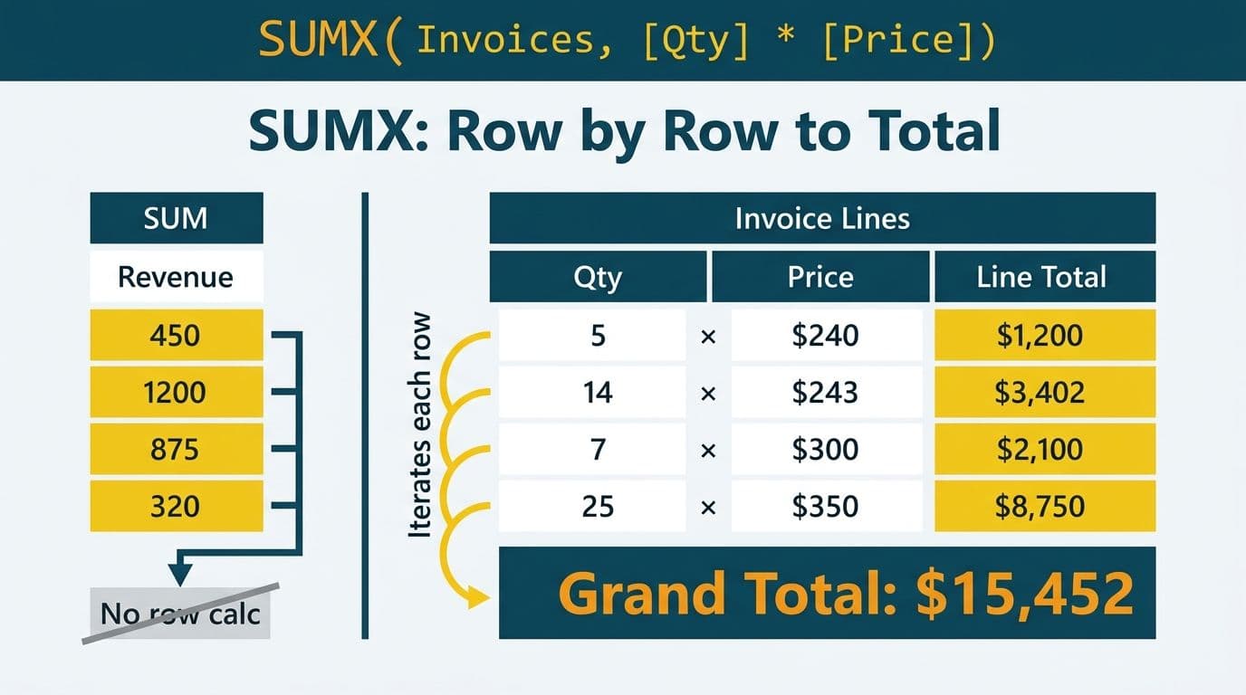 Split diagram contrasting SUM column total against SUMX row-by-row invoice table iterating Qty times Price to grand total