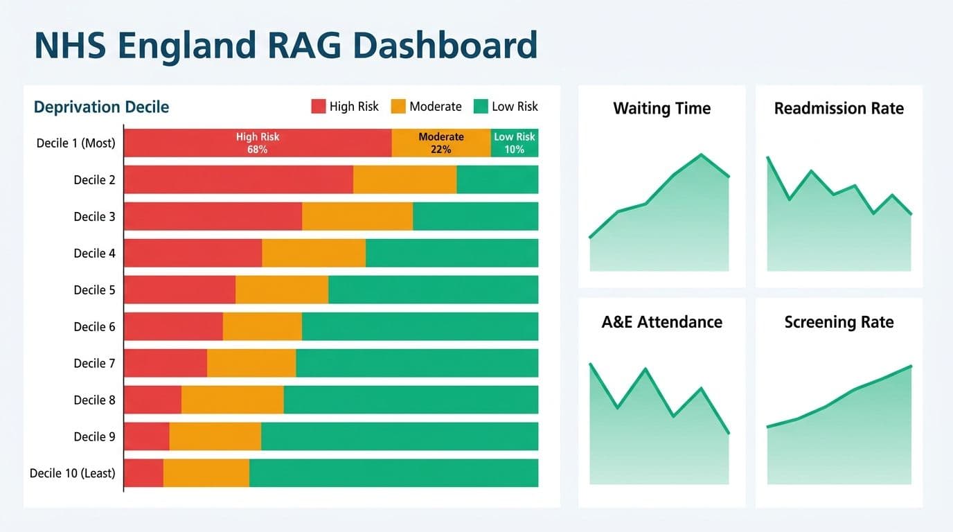 NHS RAG dashboard with ten deprivation decile rows color-banded red, amber, and green by risk level