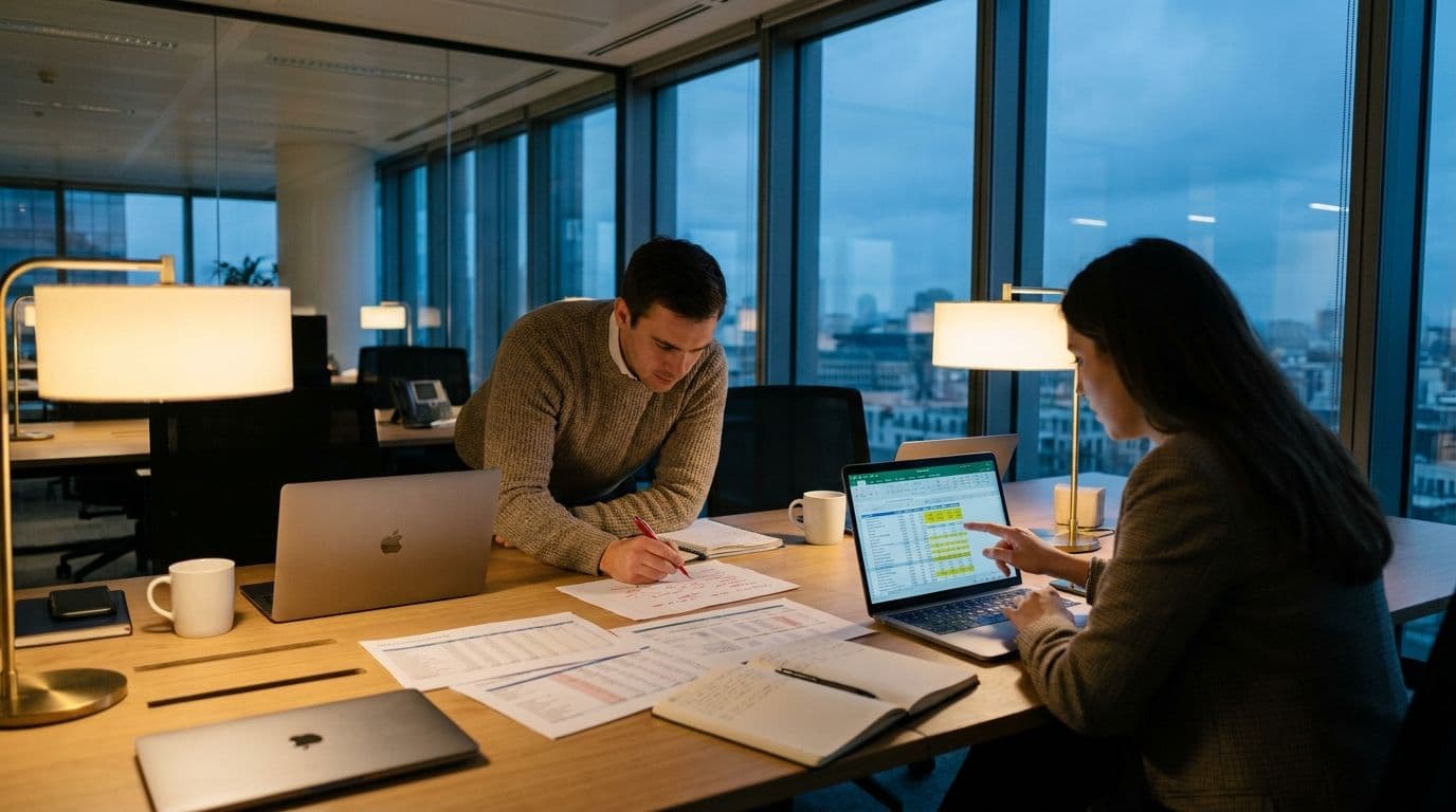 A finance team's open-plan office at dusk, two analysts reviewing documents at a desk with multiple monitors showing spreadsheets and charts, warm overhead lighting, documentary photography style