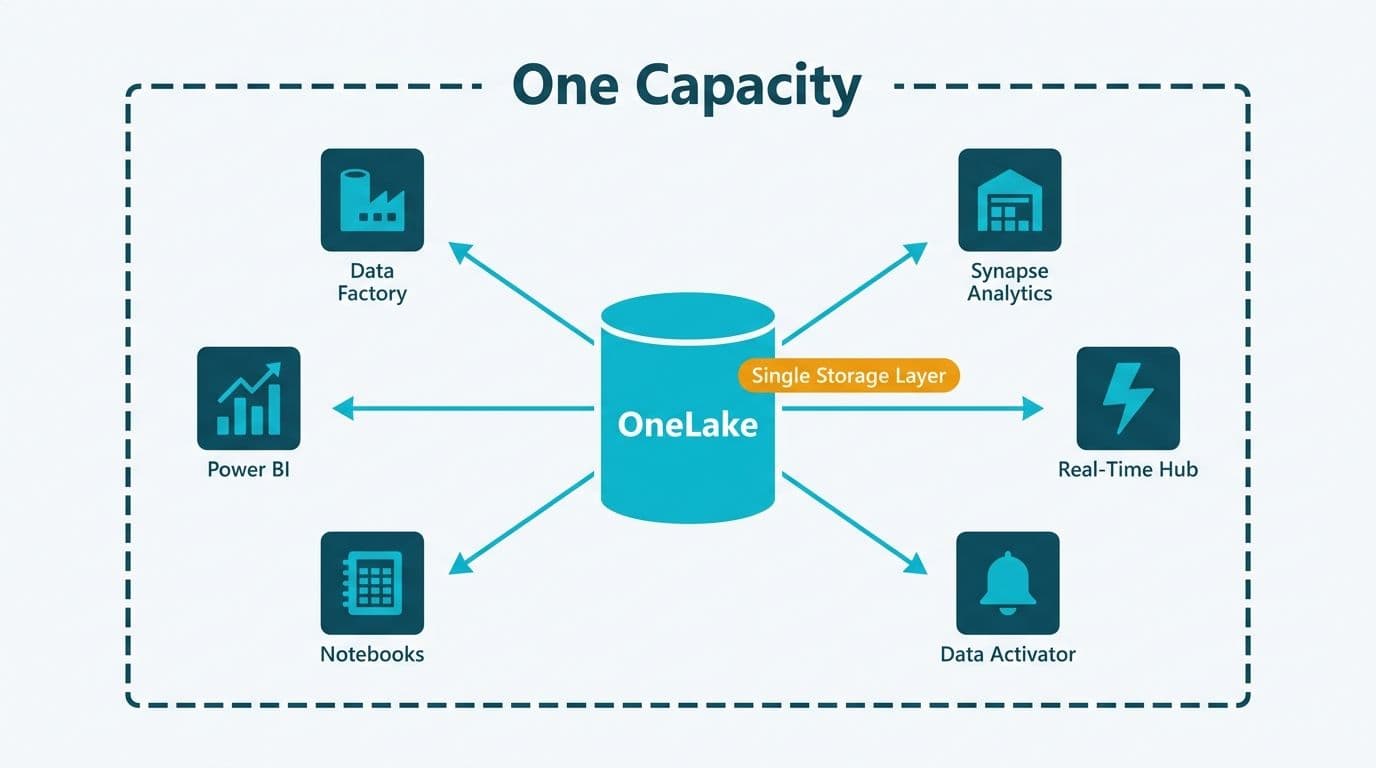 Hub-and-spoke diagram showing OneLake at center connecting six Microsoft Fabric workloads inside one capacity boundary