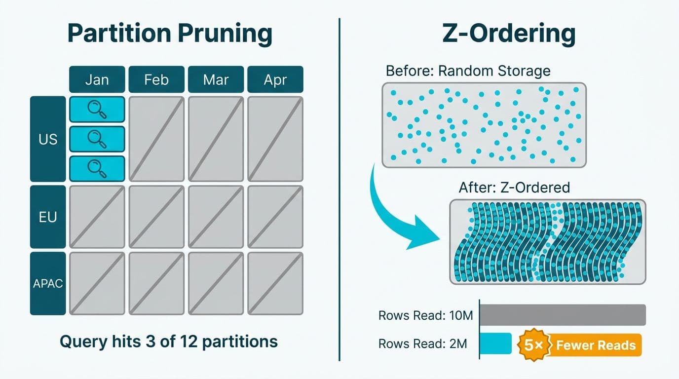 Split diagram: partition grid with three highlighted cells on the left, and Z-ordering scatter-to-cluster panels on the right