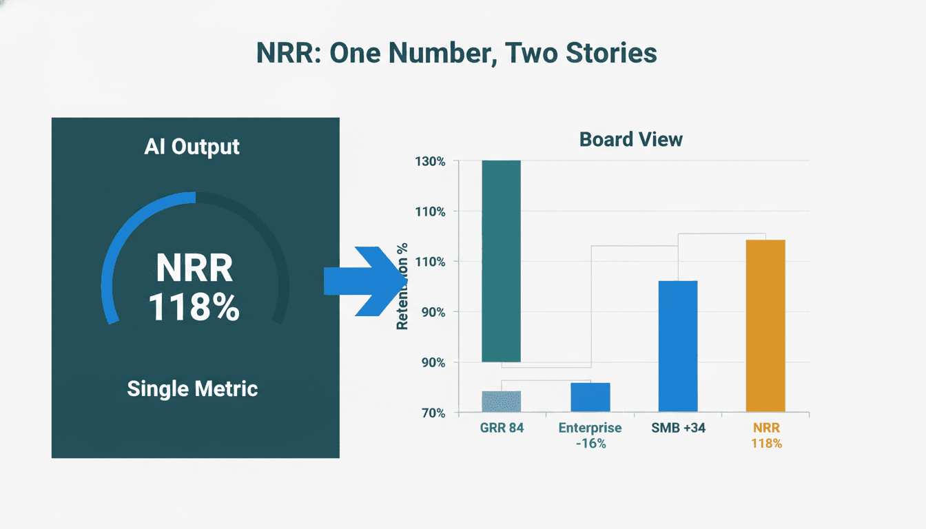 Split diagram contrasting a single AI-output NRR gauge at 118% with a waterfall chart showing GRR 84% masked by SMB expansion