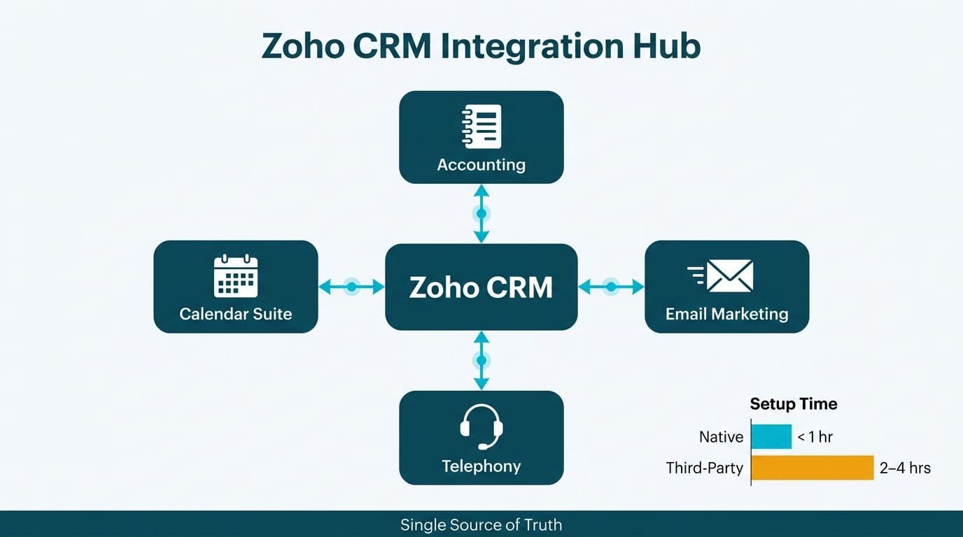Hub-and-spoke diagram showing Zoho CRM connecting to accounting, email marketing, telephony, and calendar integrations with setup time comparison