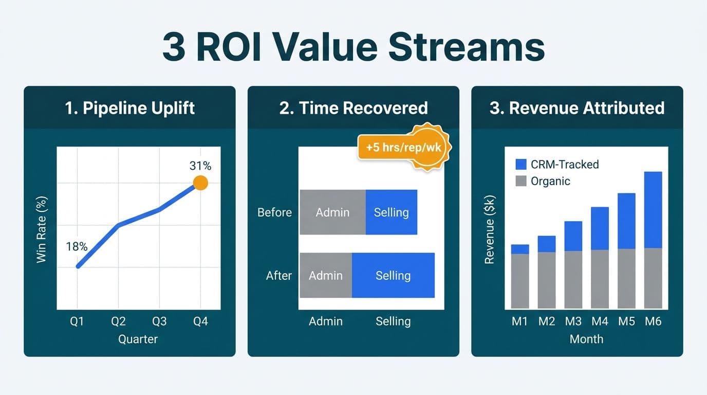 Three side-by-side panels tracking win rate growth, rep time shift from admin to selling, and CRM-attributed monthly revenue