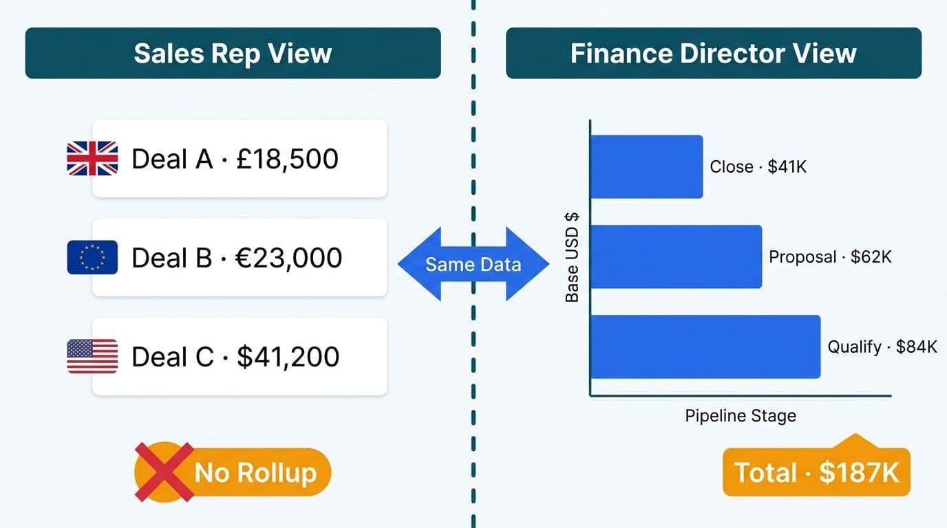 Split panel comparing sales rep local-currency deal rows with finance director's unified USD pipeline bar chart