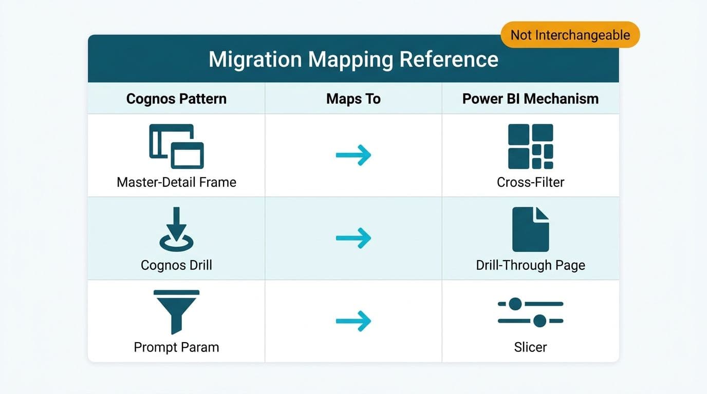 Three-row reference table mapping Cognos master-detail, drill, and prompt patterns to Power BI cross-filter, drill-through page, and slicer