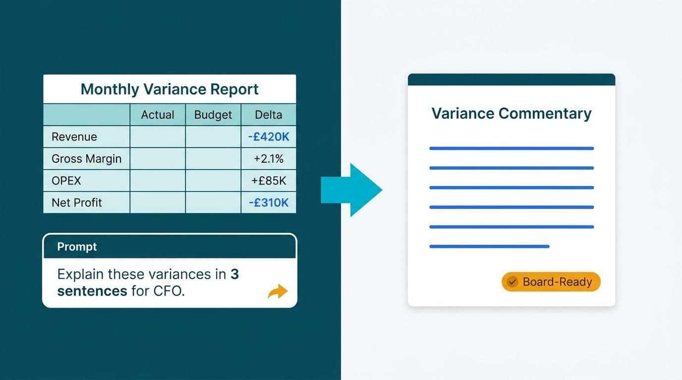 Variance table and Claude prompt box on the left feeding a board-ready commentary output card on the right