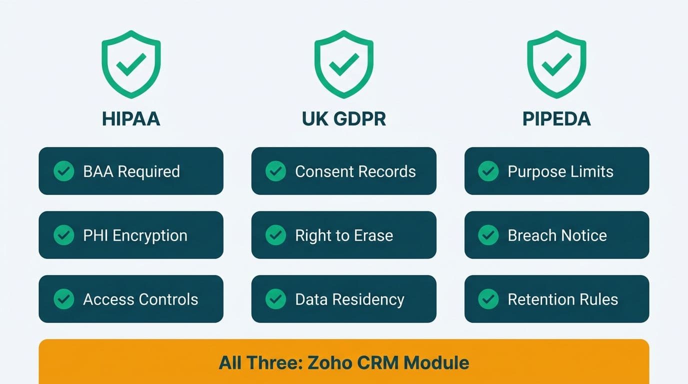 Three-column compliance table mapping HIPAA, UK GDPR, and PIPEDA requirements to Zoho CRM configuration settings