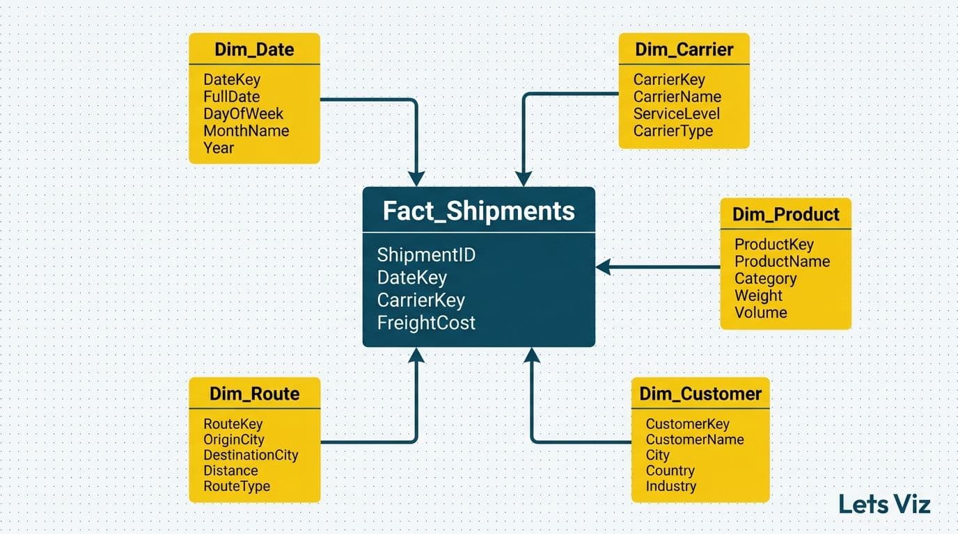 Star-schema diagram with Fact_Shipments center table connected to five dimension tables