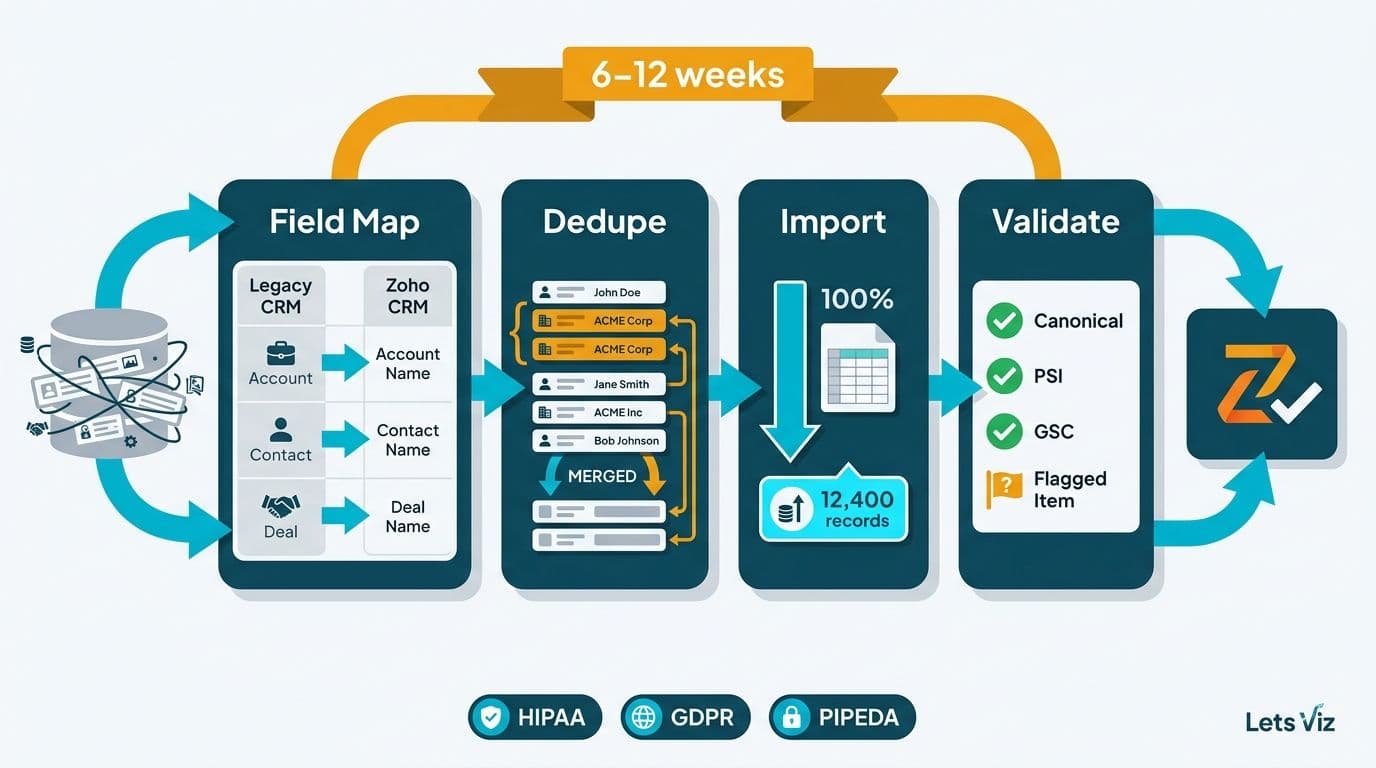 Four-stage CRM migration pipeline from messy legacy database to validated Zoho CRM