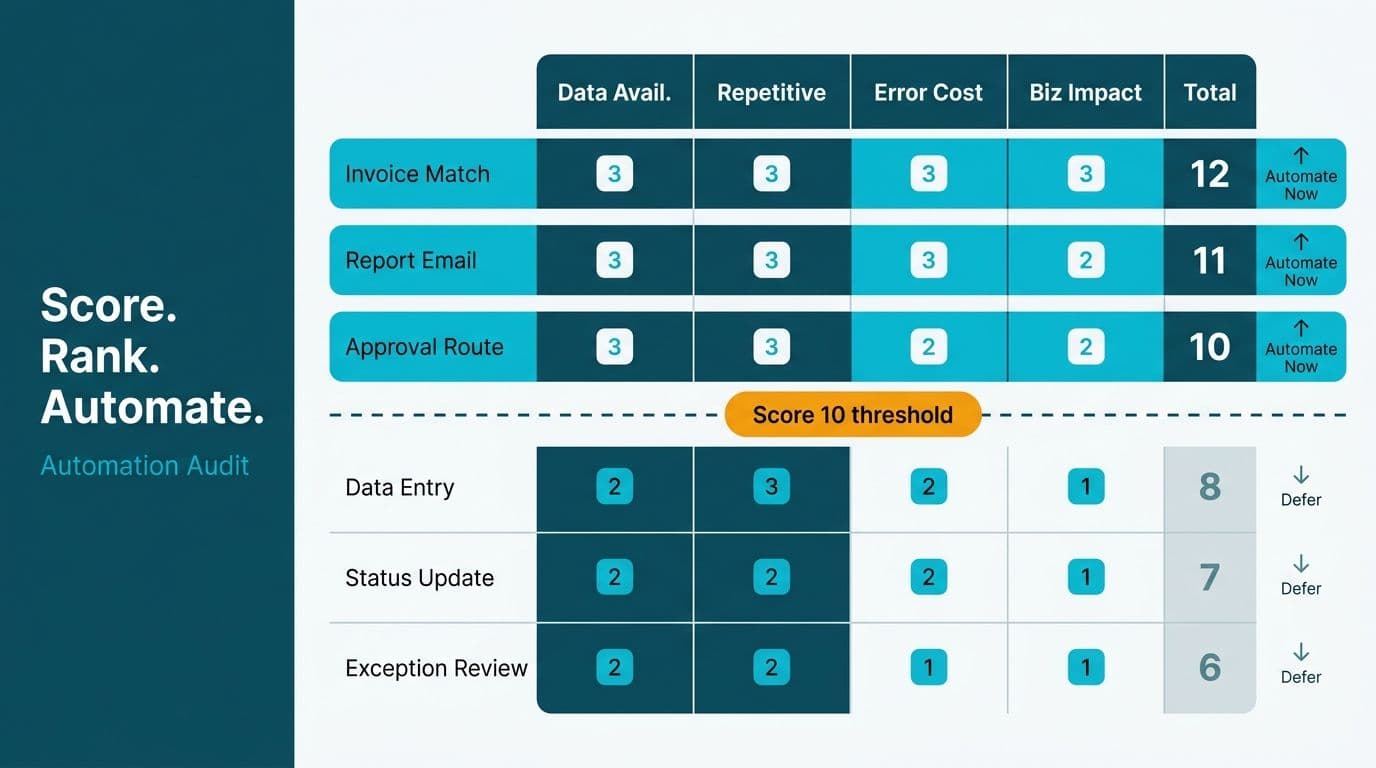 Scoring matrix ranking six workflows across four dimensions with a threshold line at score 10 separating automate-now from defer