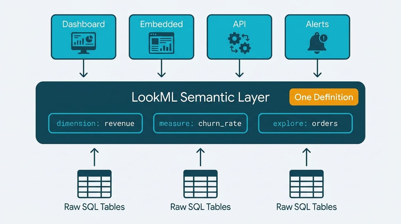 Three-tier diagram showing LookML semantic layer translating raw SQL tables into consistent metrics for four consumer tools